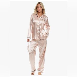 Silky-Like Feel Blush Pink Long-Sleeve Pajama Set with Contrast Piping